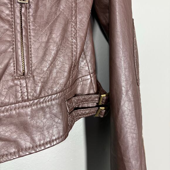 Bongo Brown Vegan Leather Quilted Accent Moto Jacket - Size Small - Junior Biker - Picture 4 of 8